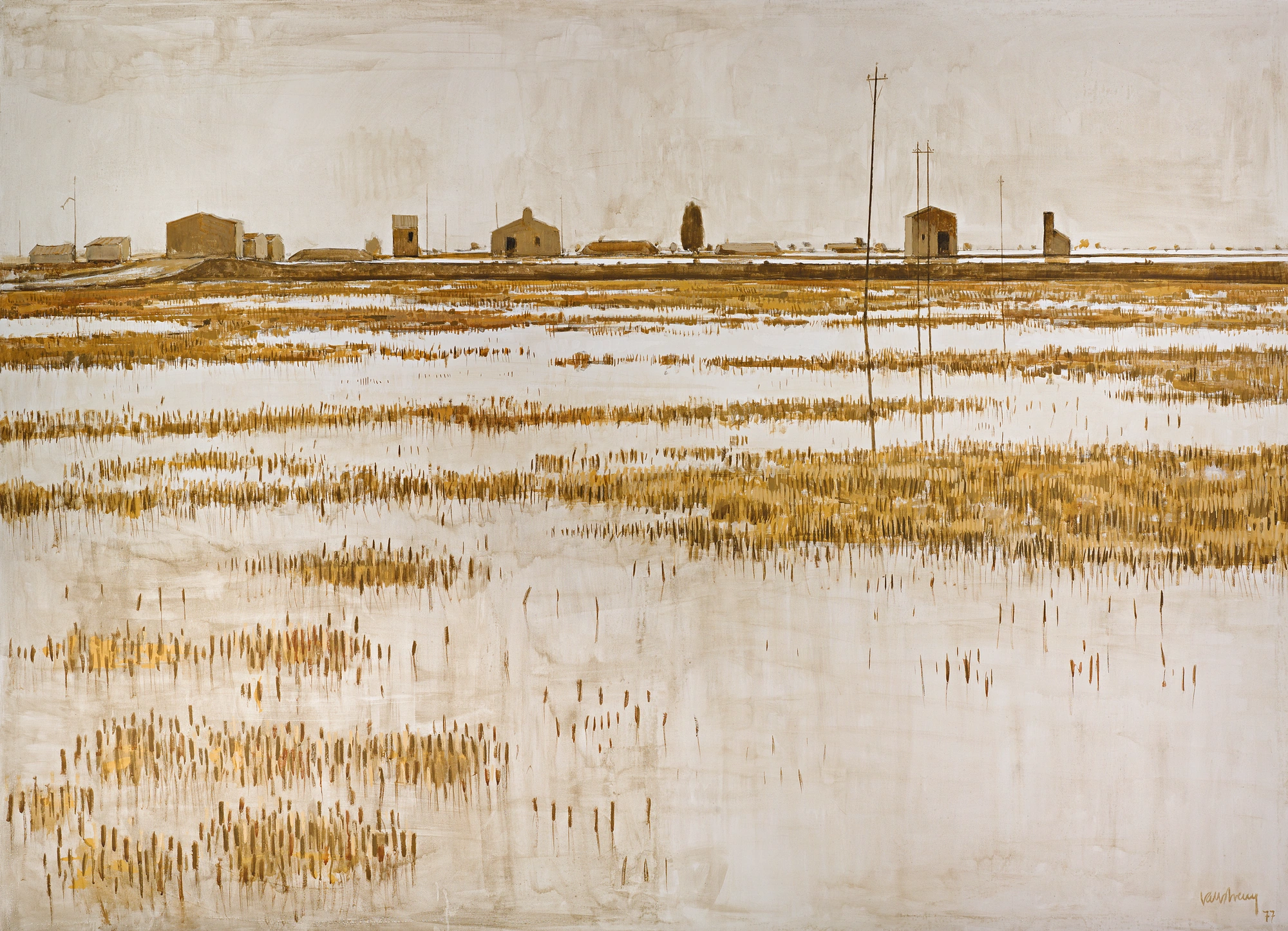 Pintura de Valls Areny, 1977: paisaje de tonos ocres y claros